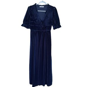 Sissyaki Womens Maxi Dress Blue Velvet Ribbed Snap V-neck Puff Sleeve Whimsigoth